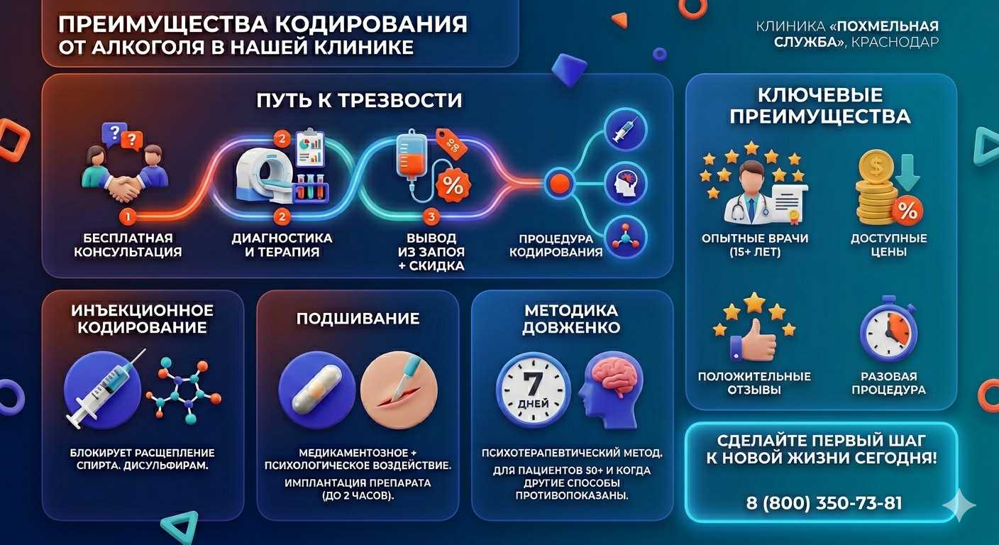 Инфографика о методах кодирования от алкоголя в Березниках: инъекции, подшивание, метод Довженко. Преимущества клиники и этапы лечения.